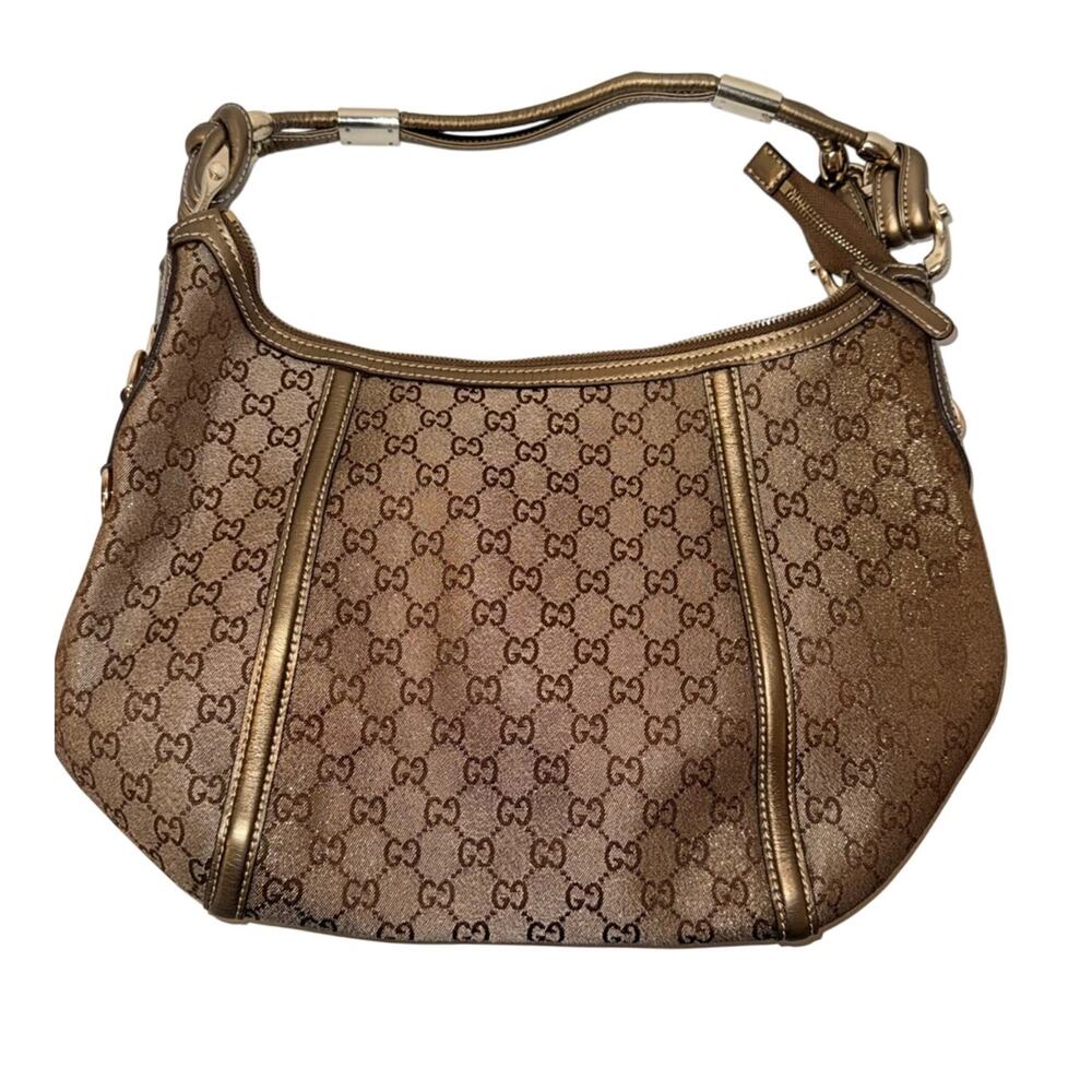 GG CRYSTAL luxury coated canvas shoulder hobo bag in gold beige with metallic